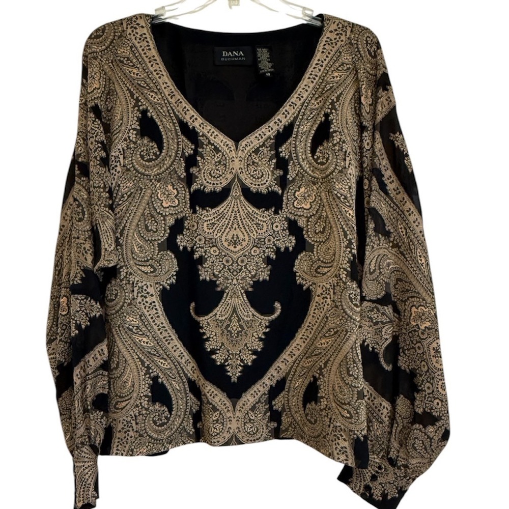 Dana Buchman Silk Gold Paisley Jacquard V-Neck Blouse Black Metallic Size 10